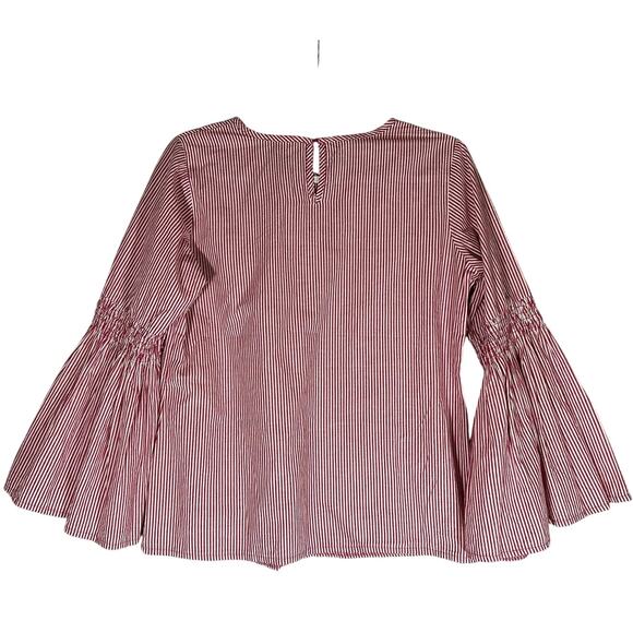 Solitaire Dark Pink Pinstripe‎ Bell Sleeve Blouse Sz S Cotton Blend Flared - Picture 3 of 11